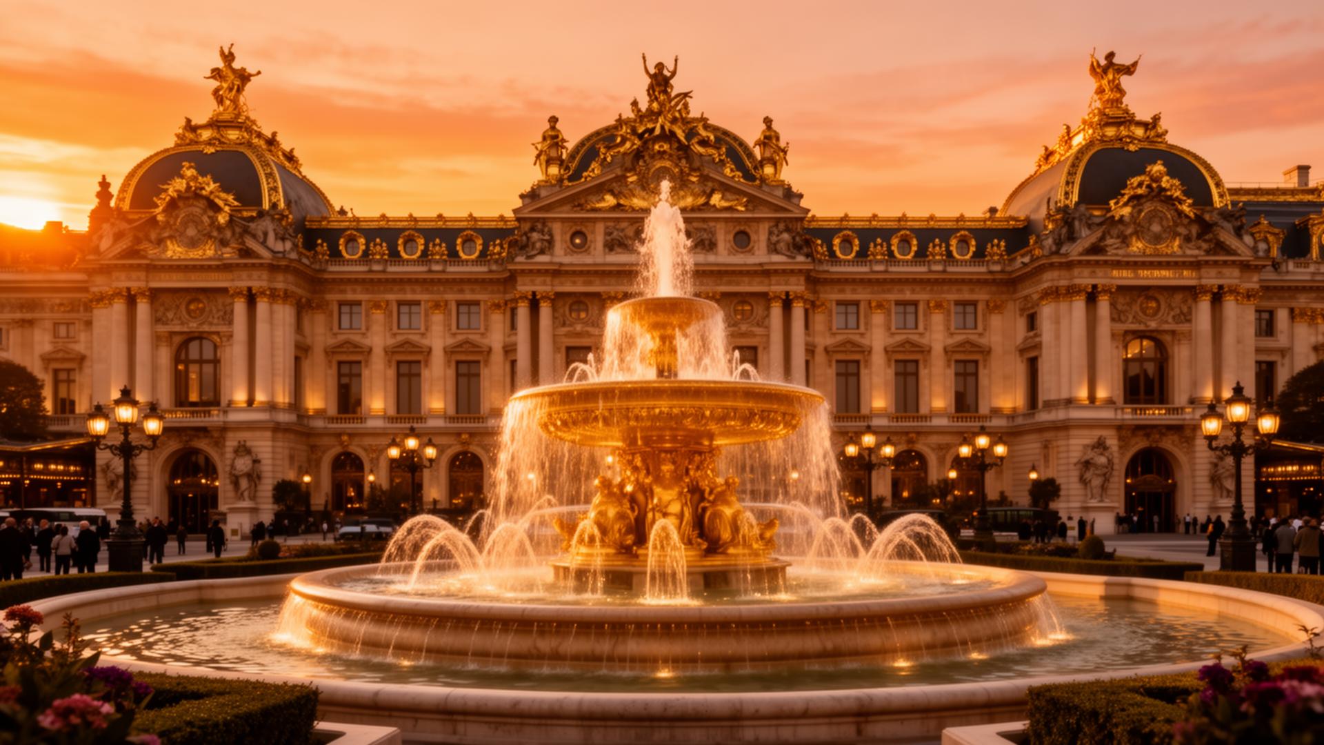 Luxury casino resort at sunset